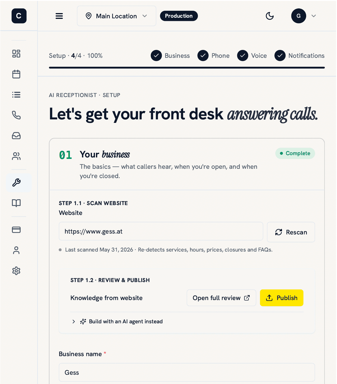 AI receptionist setup screen — get your front desk answering calls